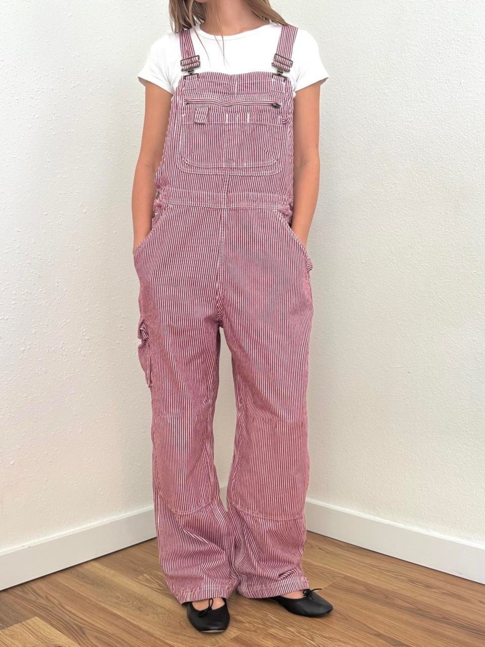 Duluth Trading Co railroad red and white striped overalls